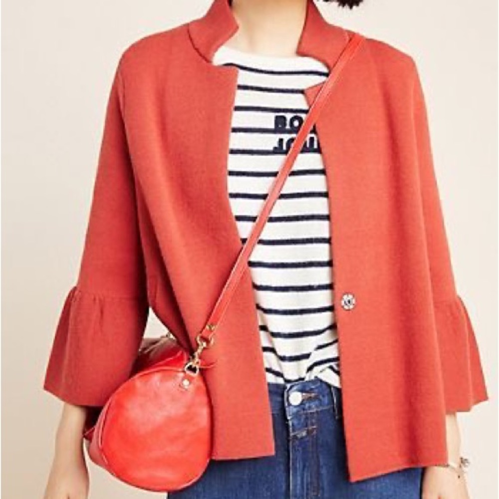 Anthropologie Coral Orange Open-Front Bell Sleeve Sweater Jacket
